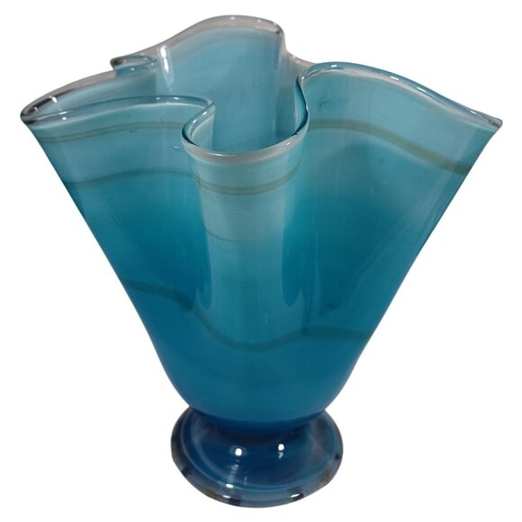 Hand Blown Ocean Waves Gradient Blue Art Glass Pedestal Vase Murano Vintage MCM - Picture 2 of 15